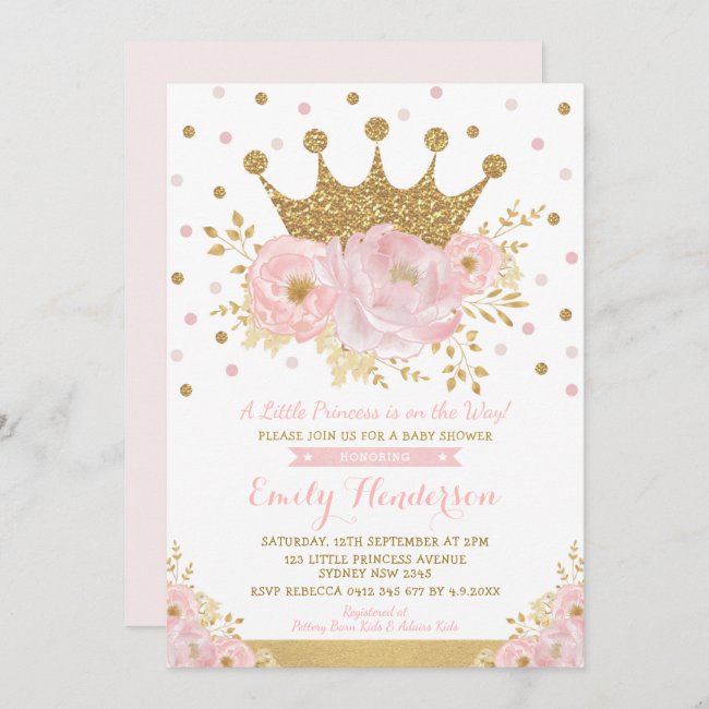 Pretty Princess Gold Crown Pink Floral Baby Shower Invitation