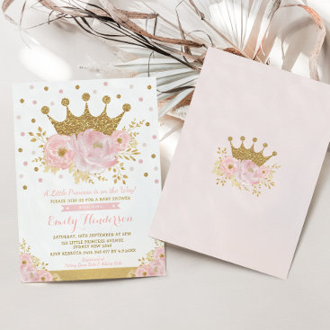 Pretty Princess Gold Crown Pink Floral Baby Shower Invitation