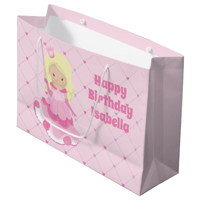 Pretty Princess Pink Blonde Custom Girls Birthday Large Gift Bag (Front Angled)