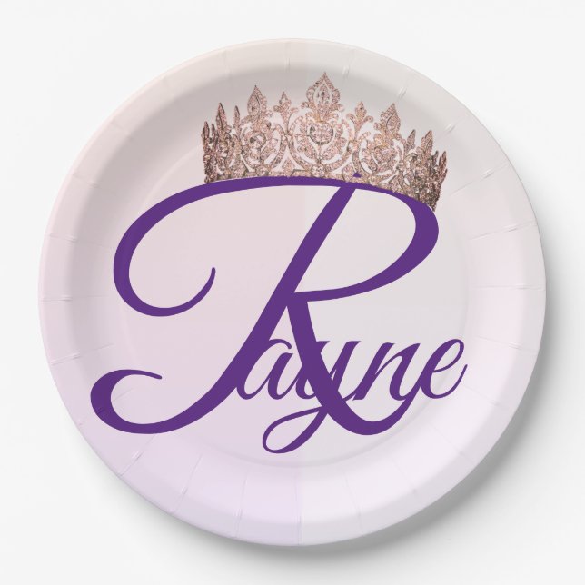 Pretty Princess Pink Crown Monogram Paper Plates (Front)