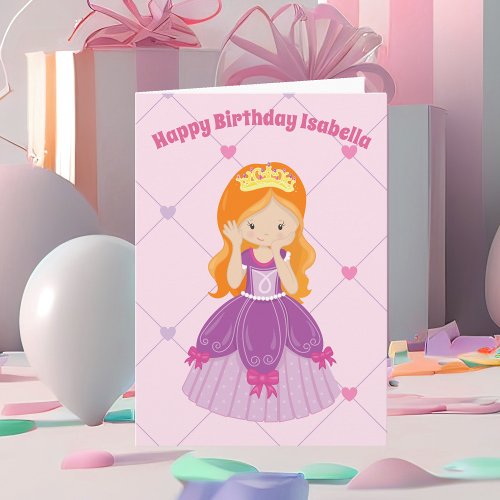 Pretty Princess Pink Custom Redhead Girl Birthday Card