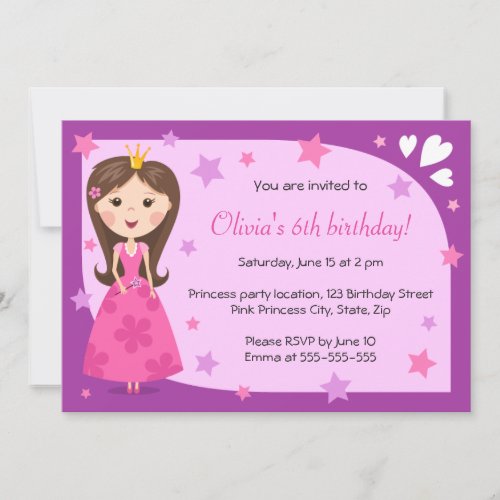Pretty princess pink purple cute girly birthday invite