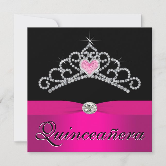 Pretty Princess Tiara Hot Pink Quinceanera Invitation (Front)