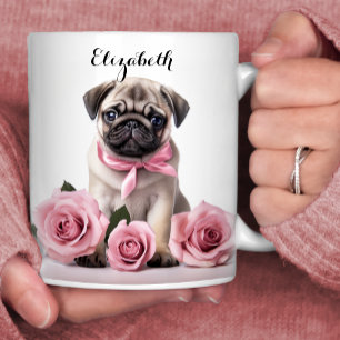 Pretty Pug Puppy Pink Roses Personalized Dog Coffee Mug