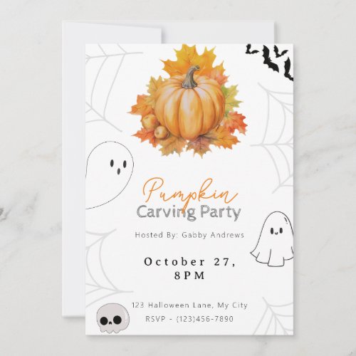 Pretty Pumpkin and Leaves Pumpkin Carving Party Invitation