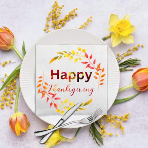 Pretty Pumpkin Autumn Leaves Happy Thanksgiving Paper Dinner Napkins