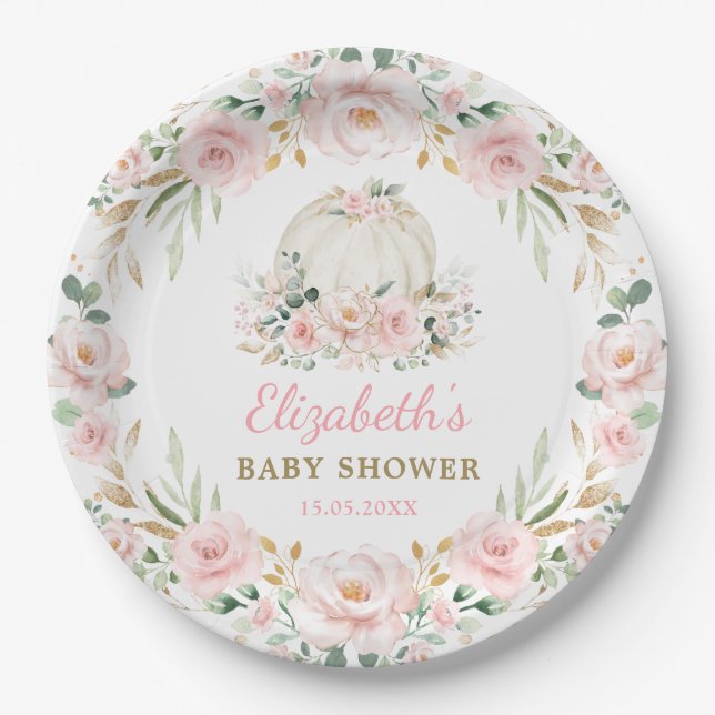 Pretty Pumpkin Blush Pink Floral Wreath Baby Girl Paper Plates (Front)