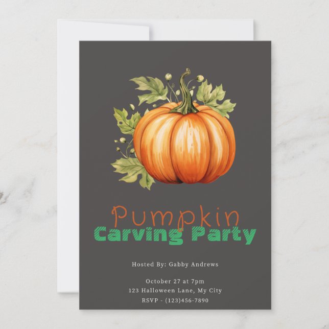 Pretty Pumpkin & Leaves Gray Pumpkin Carving Party Invitation (Front)