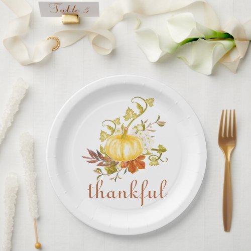 Pretty Pumpkin Thankful Watercolor Thanksgiving Paper Plates