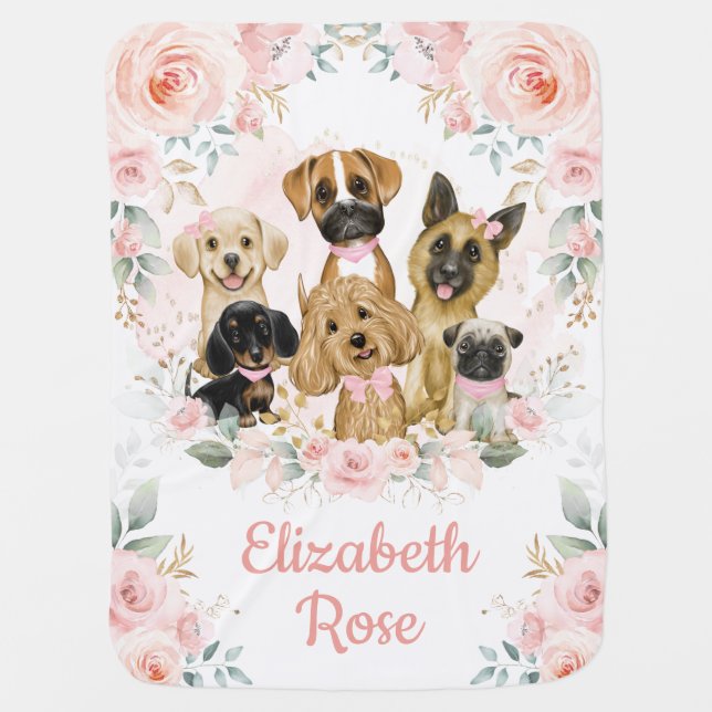 Pretty Puppy Dogs Pink Gold Floral Girl Baby Blanket (Front)