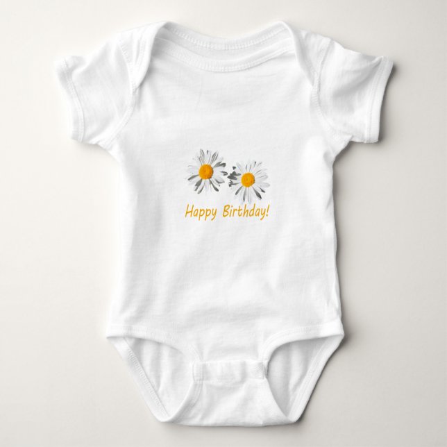 pretty, pure white daisy flowers happy birthday baby bodysuit (Front)