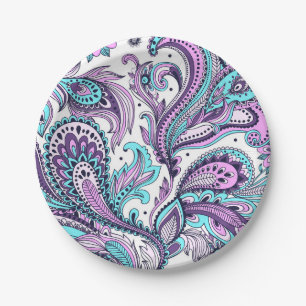 Pretty Purple and Aqua Paisley Pattern Paper Plates