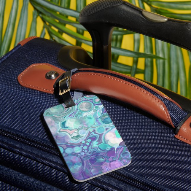 Pretty Purple and Blue Abstract Faux Marble Luggage Tag (Front Insitu 1)