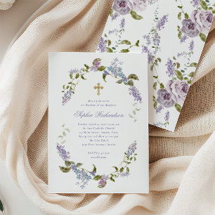 Pretty Purple and Blue Lilacs and Cross Baptism Invitation