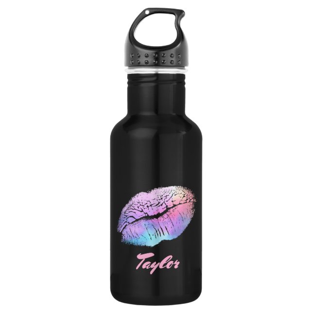 Pretty Purple and Blue Neon Lips Kiss Stainless Steel Water Bottle (Front)