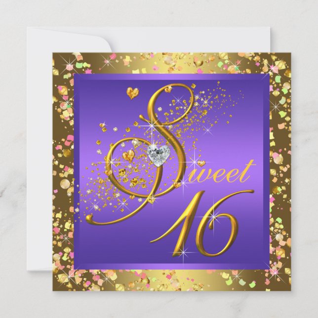 Pretty Purple and Gold Sweet Sixteen Party Invitation (Front)