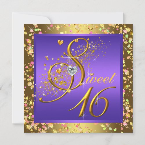 Pretty Purple and Gold Sweet Sixteen Party Invite
