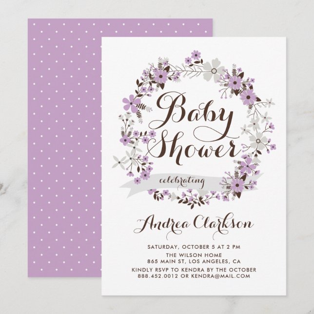 Pretty Purple and Gray Floral Wreath Baby Shower Invitation (Front/Back)