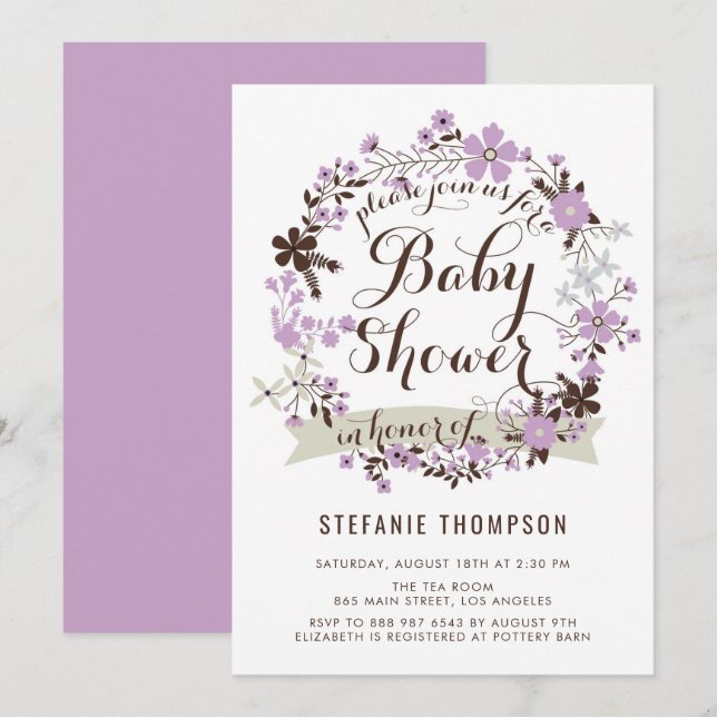 Pretty Purple and Gray Floral Wreath Baby Shower Invitation (Front/Back)