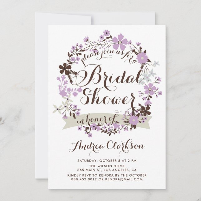 Pretty Purple and Gray Floral Wreath Bridal Shower Invitation (Front)
