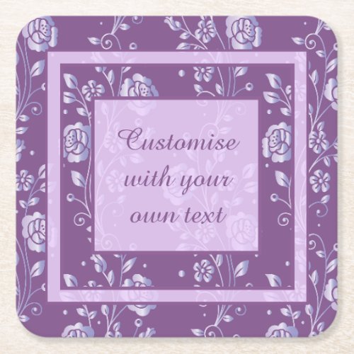 Pretty Purple and Lilac Floral Custom Text Square Paper Coaster
