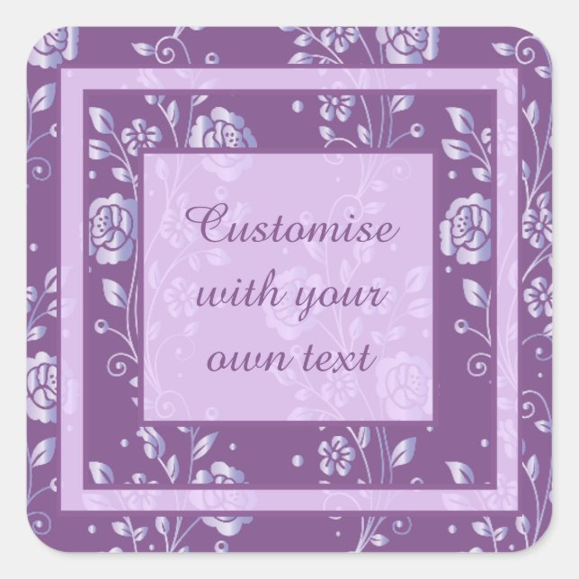 Pretty Purple and Lilac Floral Custom Text Square Sticker (Front)