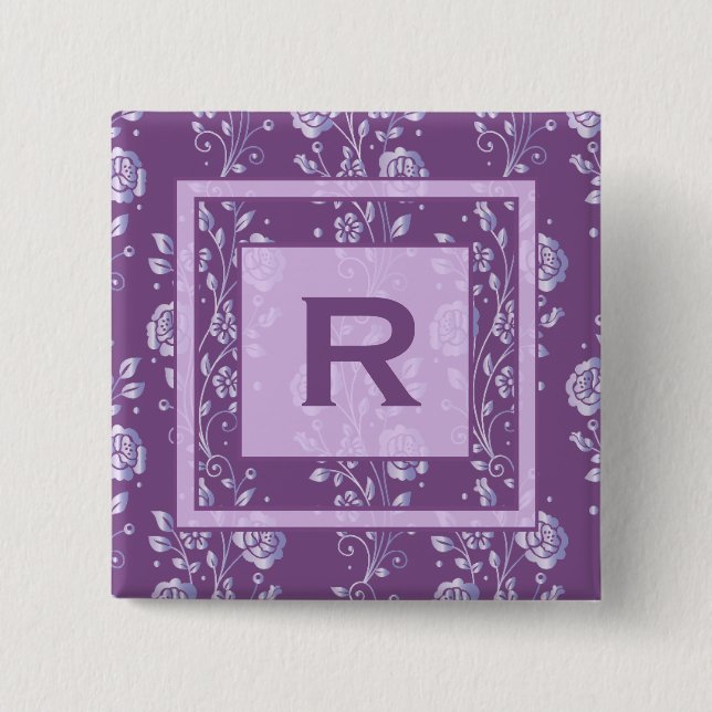 Pretty Purple and Lilac Floral Monogram Button (Front)
