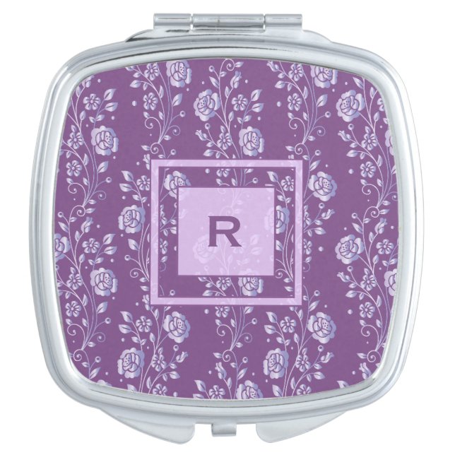 Pretty Purple and Lilac Floral Monogram Compact Mirror (Front)