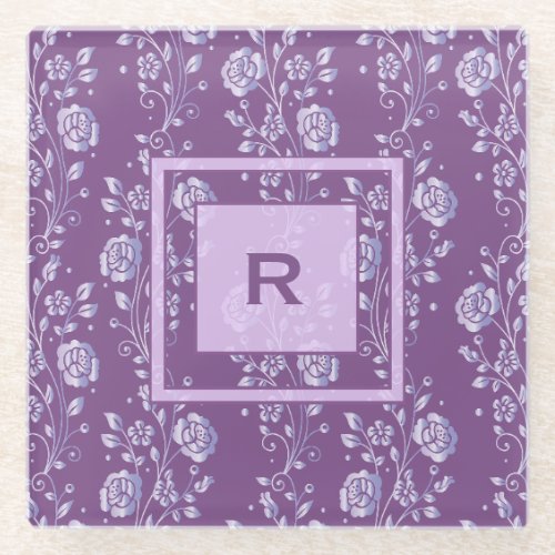 Pretty Purple and Lilac Floral Monogram Glass Coaster