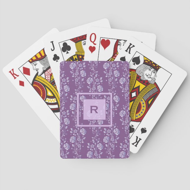 Pretty Purple and Lilac Floral Monogram Poker Cards (Back)