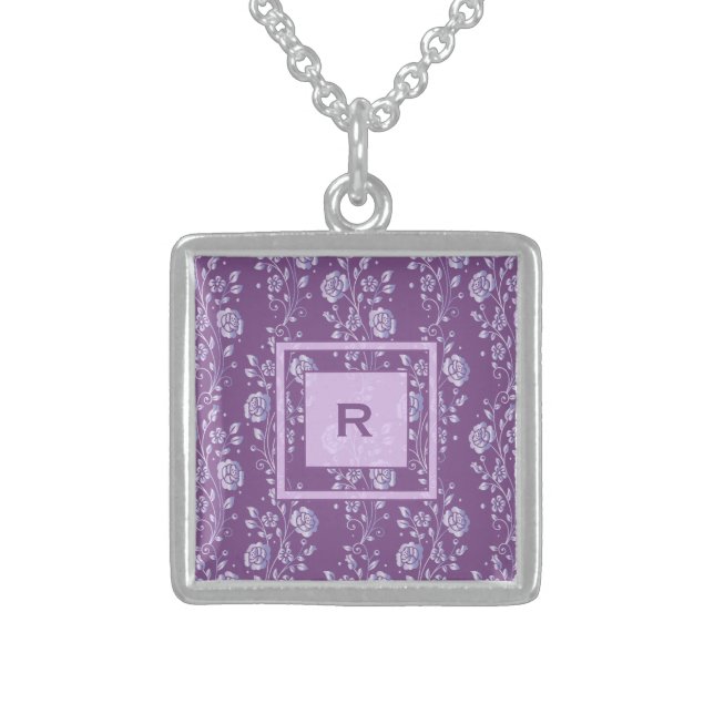 Pretty Purple and Lilac Floral Monogram Sterling Silver Necklace (Front)