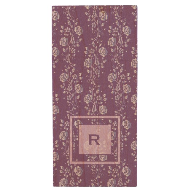 Pretty Purple and Lilac Floral Monogram Wood Flash Drive (Front Vertical)