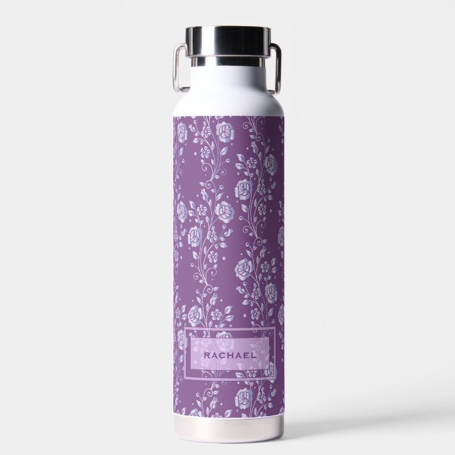 Pretty Purple and Lilac Floral Personalised Water Bottle (Front)