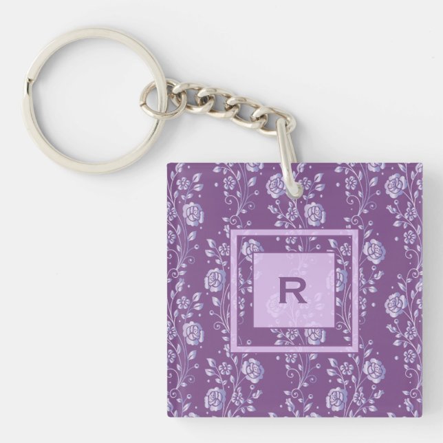 Pretty Purple and Lilac Pretty Floral Monogram Keychain (Front)