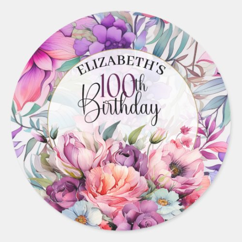 Pretty Purple and Pink Floral 100th Birthday Classic Round Sticker