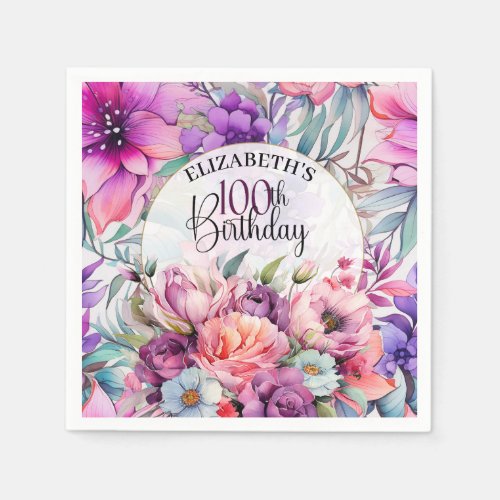 Pretty Purple and Pink Floral 100th Birthday Napkins