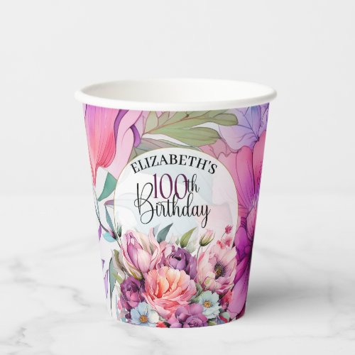 Pretty Purple and Pink Floral 100th Birthday Paper Cups