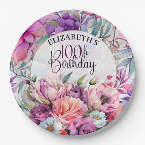 Pretty Purple and Pink Floral 100th Birthday Paper Plates