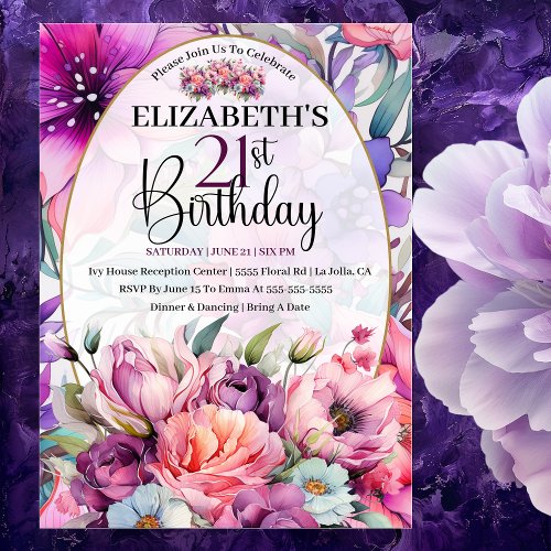 Pretty Purple and Pink Floral 21st Birthday Invitation