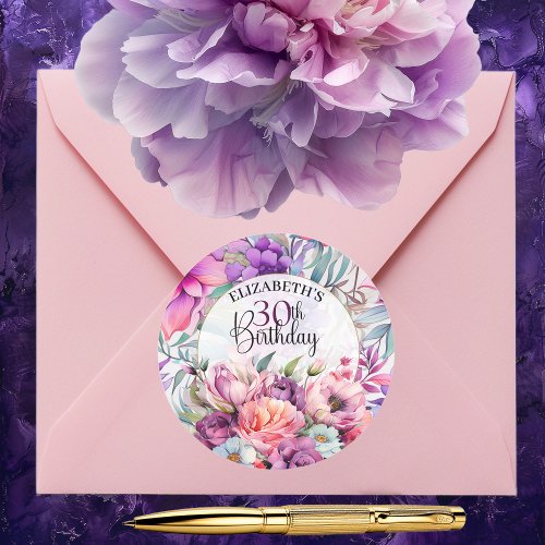 Pretty Purple and Pink Floral 30th Birthday Classic Round Sticker