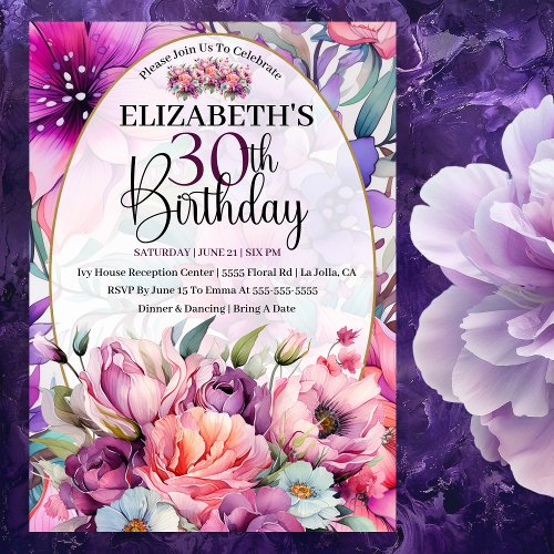 Pretty Purple and Pink Floral 30th Birthday Invitation