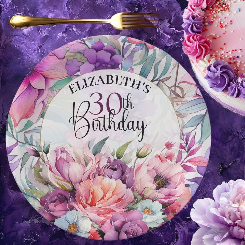 Pretty Purple and Pink Floral 30th Birthday Paper Plates