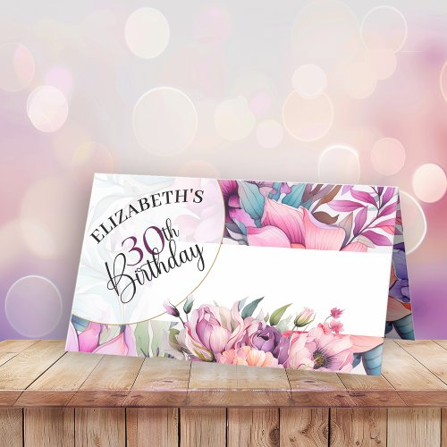 Pretty Purple and Pink Floral 30th Birthday Place Card