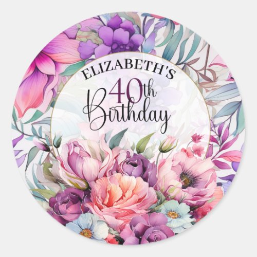 Pretty Purple and Pink Floral 40th Birthday Classic Round Sticker