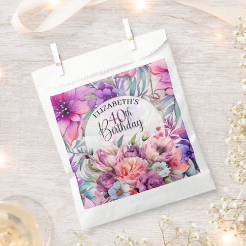 Pretty Purple and Pink Floral 40th Birthday Favor Bag