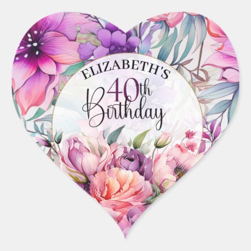 Pretty Purple and Pink Floral 40th Birthday Heart Sticker