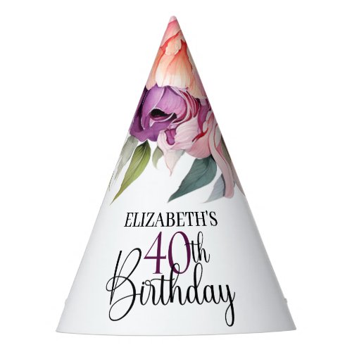 Pretty Purple and Pink Floral 40th Birthday Party Hat