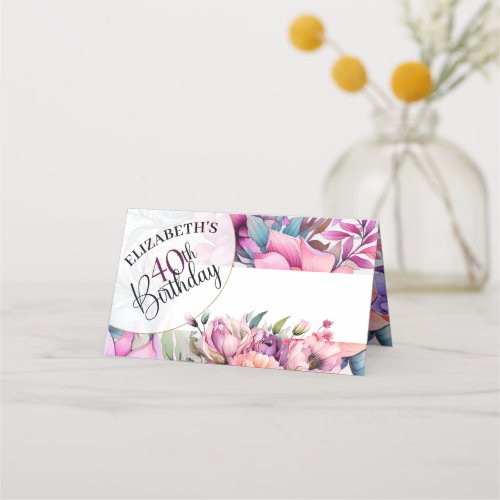 Pretty Purple and Pink Floral 40th Birthday Place Card