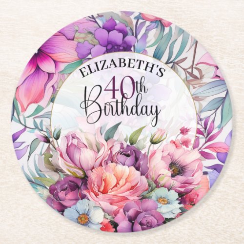 Pretty Purple and Pink Floral 40th Birthday Round Paper Coaster
