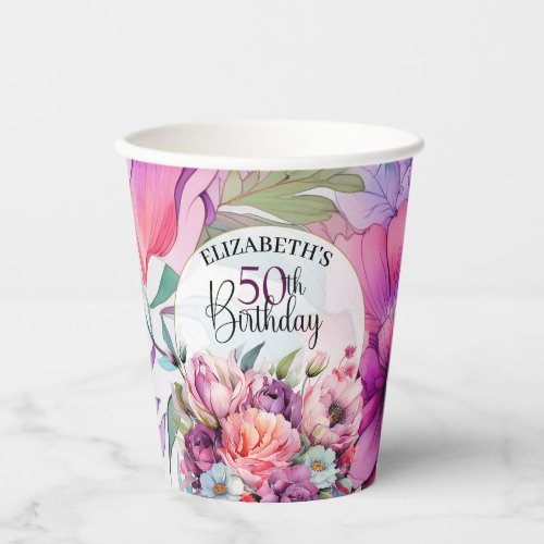 Pretty Purple and Pink Floral 50th Birthday Paper Cups